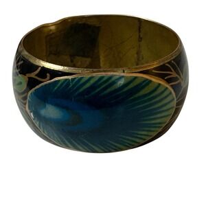 Vtg Peacock Feathers Brass Bangle Hand Painted Ethnic Bracelet Statement Unique